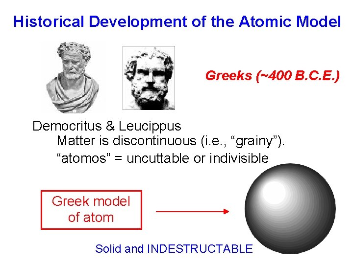 Historical Development of the Atomic Model Greeks (~400 B. C. E. ) Democritus &