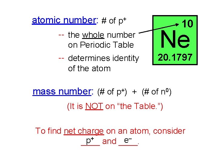 atomic number: # of p+ -- the whole number on Periodic Table -- determines