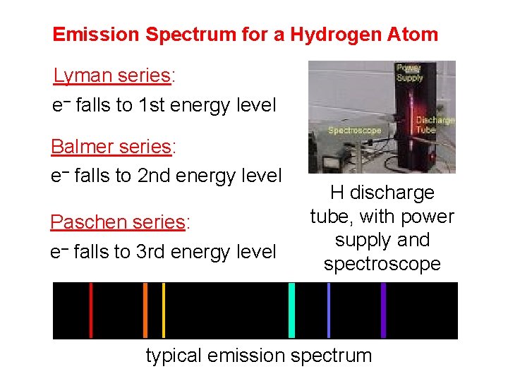 Emission Spectrum for a Hydrogen Atom Lyman series: e– falls to 1 st energy