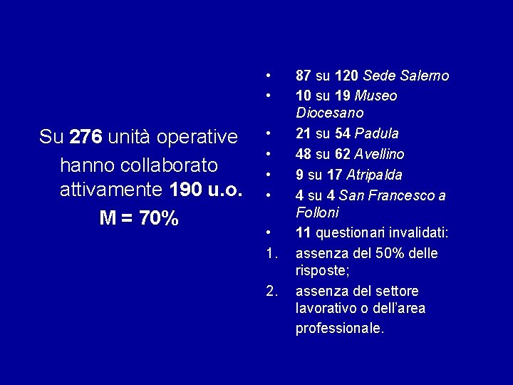  • • Su 276 unità operative hanno collaborato attivamente 190 u. o. M