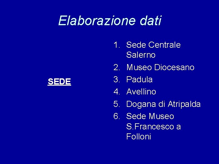 Elaborazione dati SEDE 1. Sede Centrale Salerno 2. Museo Diocesano 3. Padula 4. Avellino