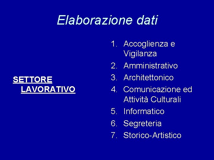 Elaborazione dati SETTORE LAVORATIVO 1. Accoglienza e Vigilanza 2. Amministrativo 3. Architettonico 4. Comunicazione