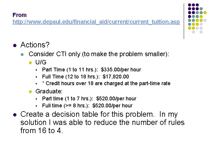 From http: //www. depaul. edu/financial_aid/current_tuition. asp l Actions? l Consider CTI only (to make