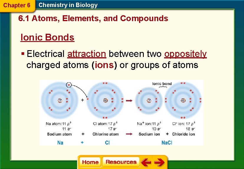 Chapter 6 Chemistry in Biology 6. 1 Atoms, Elements, and Compounds Ionic Bonds §