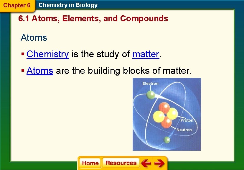 Chapter 6 Chemistry in Biology 6. 1 Atoms, Elements, and Compounds Atoms § Chemistry