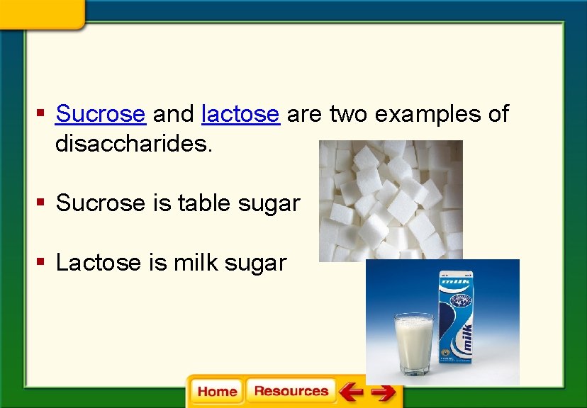 § Sucrose and lactose are two examples of disaccharides. § Sucrose is table sugar