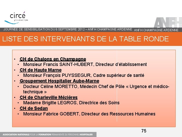 JOURNÉE DE SENSIBILISATION DU 6 SEPTEMBRE 2012 – ANFH CHAMPAGNE ARDENNE LISTE DES INTERVENANTS