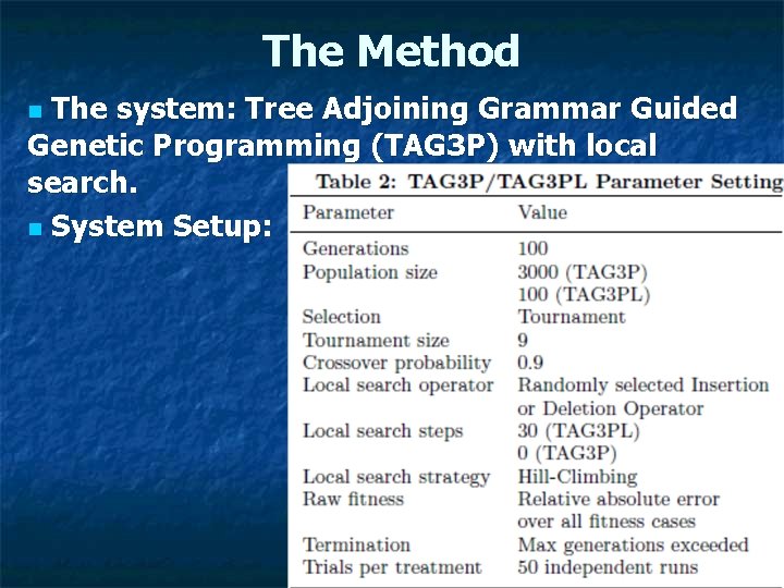 The Method The system: Tree Adjoining Grammar Guided Genetic Programming (TAG 3 P) with