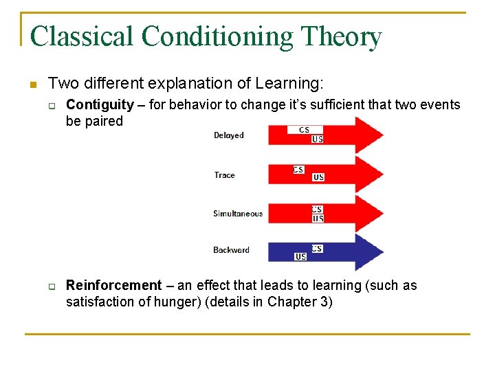 Classical Conditioning Theory n Two different explanation of Learning: q q Contiguity – for