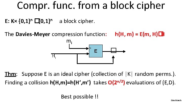 Compr. func. from a block cipher E: K× {0, 1}n �{0, 1}n a block