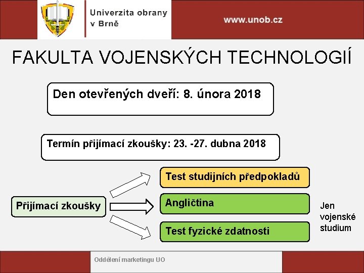 FAKULTA VOJENSKÝCH TECHNOLOGIÍ Den otevřených dveří: 8. února 2018 Termín přijímací zkoušky: 23. -27.