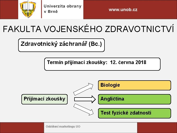 FAKULTA VOJENSKÉHO ZDRAVOTNICTVÍ Zdravotnický záchranář (Bc. ) Termín přijímací zkoušky: 12. června 2018 Biologie