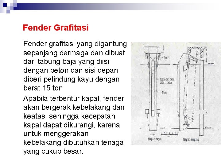 Fender Grafitasi Fender grafitasi yang digantung sepanjang dermaga dan dibuat dari tabung baja yang