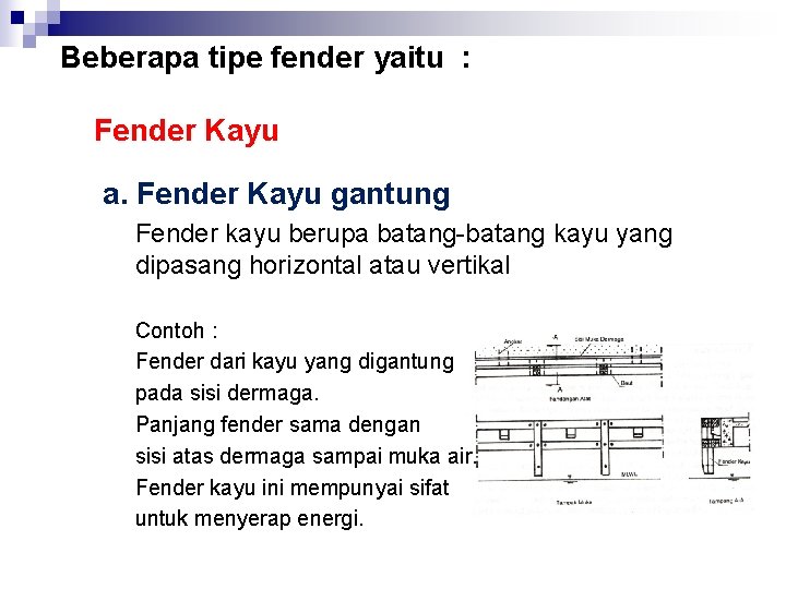 Beberapa tipe fender yaitu : Fender Kayu a. Fender Kayu gantung Fender kayu berupa