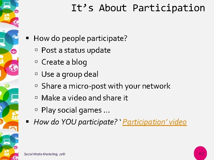 It’s About Participation How do people participate? Post a status update Create a blog