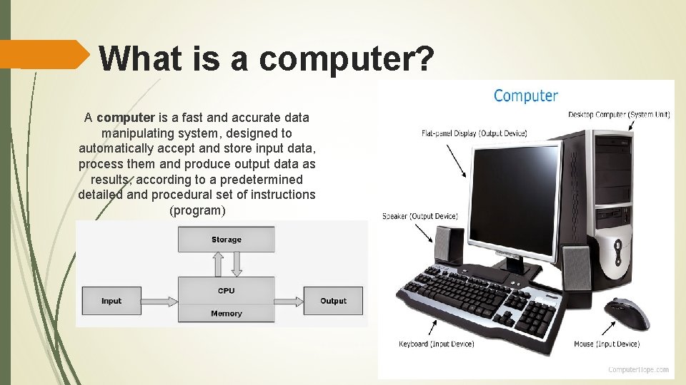 What is a computer? A computer is a fast and accurate data manipulating system,