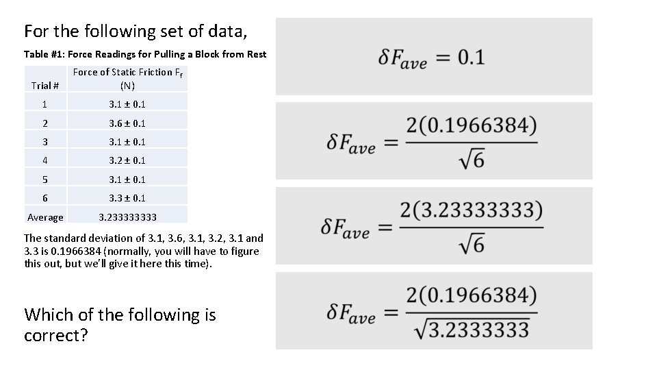 For the following set of data, Table #1: Force Readings for Pulling a Block