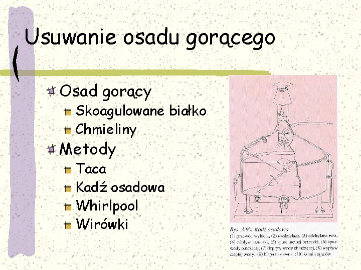 Usuwanie osadu gorącego Osad gorący Skoagulowane białko Chmieliny Metody Taca Kadź osadowa Whirlpool Wirówki