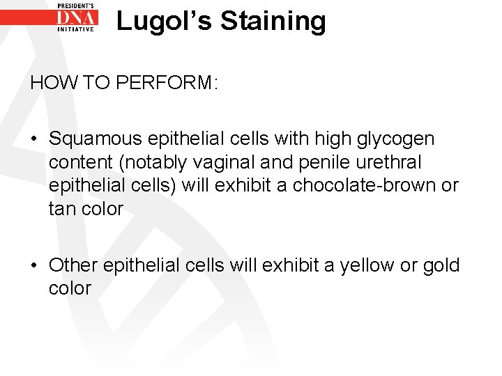 Lugol’s Staining HOW TO PERFORM: • Squamous epithelial cells with high glycogen content (notably