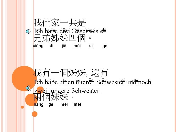 我們家一共是 wǒ habe mén drei jiā Geschwister. yí gòng shì Ich 兄弟姊妹四個。 xiōng dì