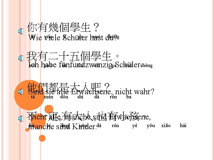 你有幾個學生？ nǐ yǒu jǐ ge hast xué du? shēng Wie viele Schüler 我有二十五個學生。 wǒ