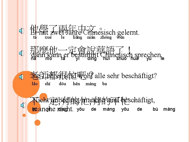 他學了兩年中文。 Er hat zwei Jahre Chinesisch gelernt. tā xué le liăng nián zhōng wén