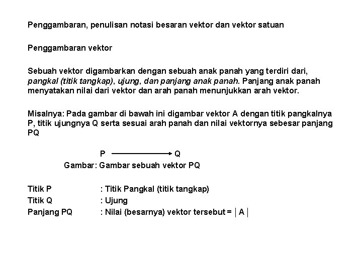 Penggambaran, penulisan notasi besaran vektor dan vektor satuan Penggambaran vektor Sebuah vektor digambarkan dengan
