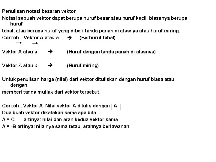 Penulisan notasi besaran vektor Notasi sebuah vektor dapat berupa huruf besar atau huruf kecil,