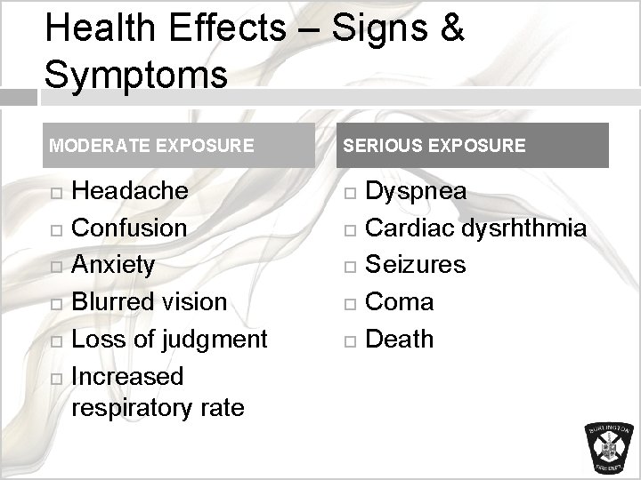 Health Effects – Signs & Symptoms MODERATE EXPOSURE Headache Confusion Anxiety Blurred vision Loss