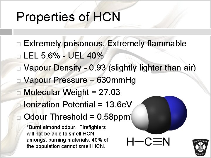 Properties of HCN Extremely poisonous, Extremely flammable LEL 5. 6% - UEL 40% Vapour