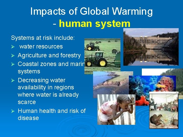 Impacts of Global Warming - human system Systems at risk include: Ø water resources