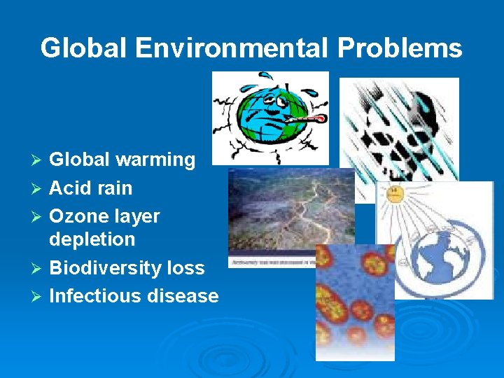 Global Environmental Problems Global warming Ø Acid rain Ø Ozone layer depletion Ø Biodiversity