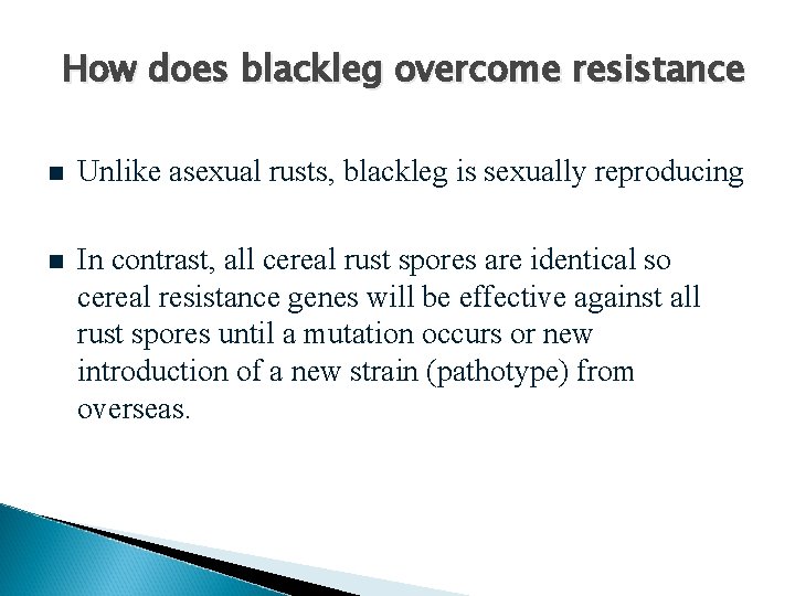 How does blackleg overcome resistance n Unlike asexual rusts, blackleg is sexually reproducing n