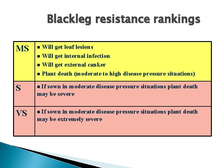 Blackleg resistance rankings Will get leaf lesions n Will get internal infection n Will