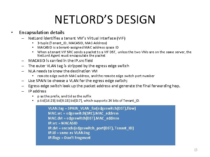 NETLORD’S DESIGN • Encapsulation details – Net. Lord identifies a tenant VM’s Virtual Interface