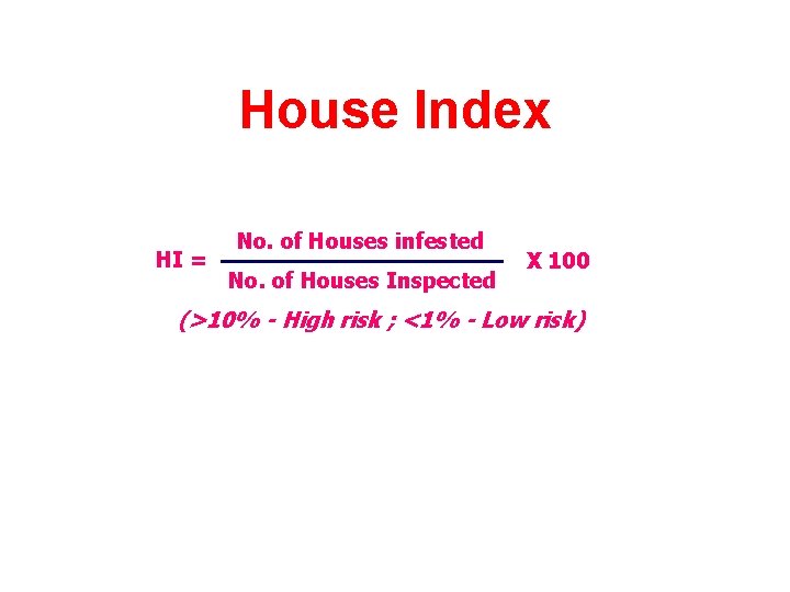 House Index HI = No. of Houses infested No. of Houses Inspected X 100