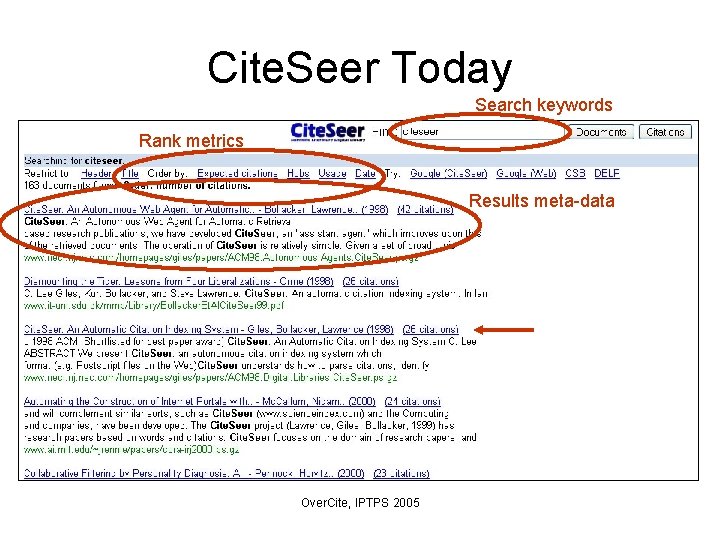 Cite. Seer Today Search keywords Rank metrics Results meta-data Over. Cite, IPTPS 2005 