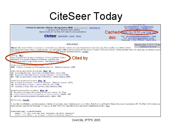 Cite. Seer Today Cached doc Cited by Over. Cite, IPTPS 2005 