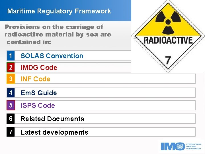 Maritime Regulatory Framework Provisions on the carriage of radioactive material by sea are contained