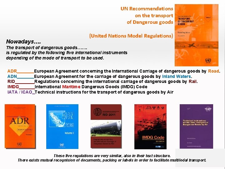 UN Recommendations on the transport of Dangerous goods Nowadays…. (United Nations Model Regulations) The