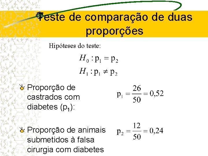 Teste de comparação de duas proporções Hipóteses do teste: Proporção de castrados com diabetes