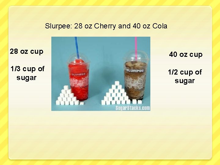 Slurpee: 28 oz Cherry and 40 oz Cola 28 oz cup 1/3 cup of