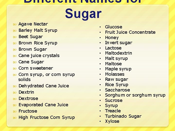 Different Names for Sugar Agave Nectar Barley Malt Syrup Beet Sugar Brown Rice Syrup