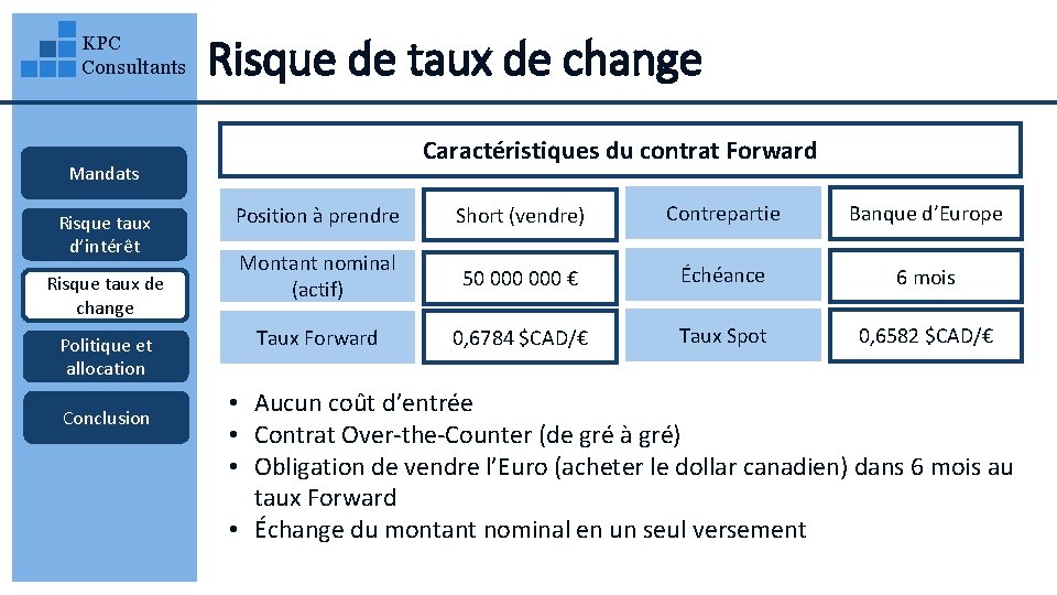 KPC Consultants Risque de taux de change Caractéristiques du contrat Forward Mandats Risque taux