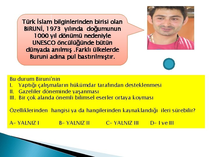 Türk İslam bilginlerinden birisi olan Bi. RUNİ, 1973 yılında doğumunun 1000 yıl dönümü nedeniyle