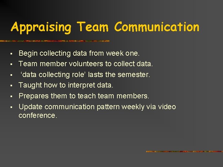 Appraising Team Communication § § § Begin collecting data from week one. Team member