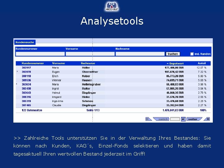 Analysetools >> Zahlreiche Tools unterstützen Sie in der Verwaltung Ihres Bestandes: Sie können nach