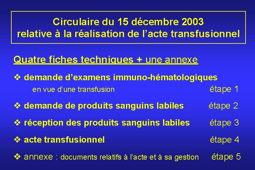 Circulaire du 15 décembre 2003 relative à la réalisation de l’acte transfusionnel Quatre fiches