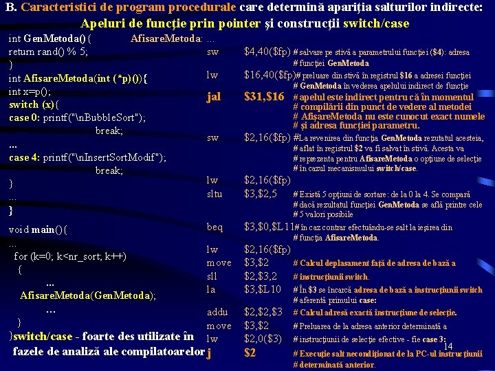 B. Caracteristici de program procedurale care determină apariţia salturilor indirecte: Apeluri de funcţie prin