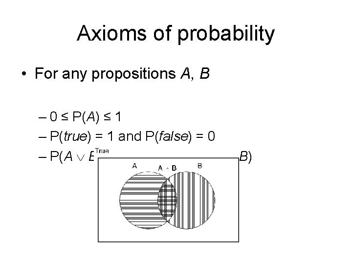 Axioms of probability • For any propositions A, B – 0 ≤ P(A) ≤